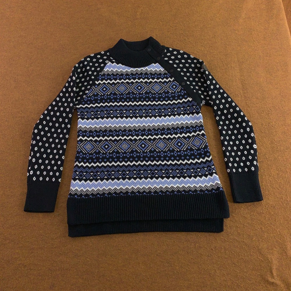 T by Talbots Womens XS Navy Blue Fair Isle Button Shoulder Knit Sweater New